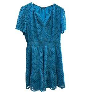 PrettyGarden Blue Eyelet Lace Tiered Smocked Waist Dress XL 7637 Cotton V-Neck